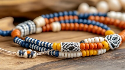 Multicolored beaded necklace with various patterns and colors, including navy blue, orange, cream, and yellow, on a wooden surface