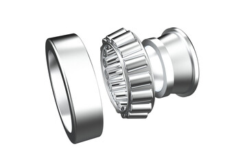 Exploded View Silver Tapered Roller Bearing Showing Inner Outer Races, and Rollers, Disassembled Taper Engineering or Educational Purposes, Separated Parts, Inner Ring, Outer Ring, Tapered Rollers PNG