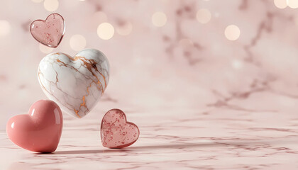 Luxury Marble Heart Decor on Pink Marble Background for Elegant Valentine Day Decorations