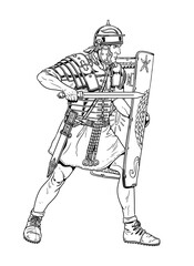 Roman legionary attacking with gladius. Historical drawing.