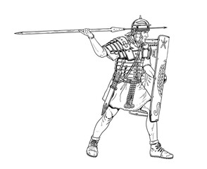 Roman legionary attacking with pilum. Historical drawing.