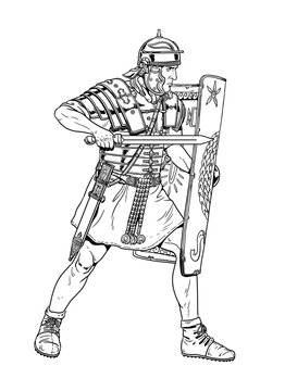 Roman legionary attacking with gladius. Historical drawing.