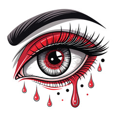 Create a detailed digital painting of a white eye, heavily pierced, with dark eyeliner and realistic bleeding from a puncture wound.  High detail, dramatic lighting.