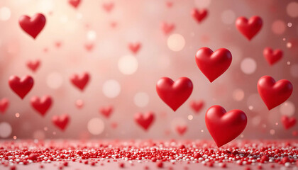 Red Heart Decorations on Pink Background for Valentine Day Celebration
