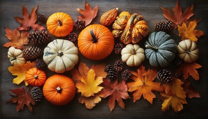 Autumn arrangement of various pumpkins, pine cones, and orange and brown maple leaves on a wooden surface evoking cozy fall atmosphere