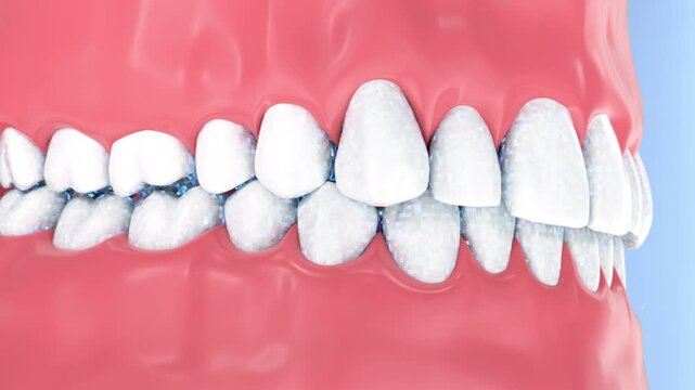 Blue glowing bubbles coat the teeth and gums with a sparkling shield. Shows enamel protection during whitening. Great for dental animation use.