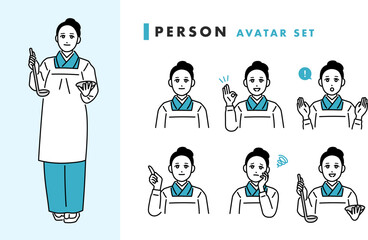 料亭　割烹着を着た女性の和食料理人のアバターセット