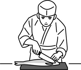 魚を包丁でさばくの寿司屋の男性料理人