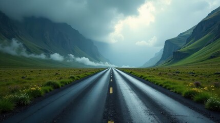 Naklejka premium A long, winding road disappearing into a misty valley between towering green mountains under a dramatic sky