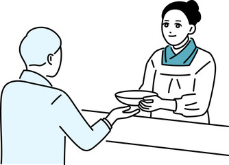 料理を出す割烹着を着た小料理屋の女将のイラスト