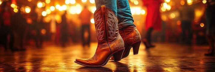 Close-up of person wearing brown embroidered cowboy boots and blue jeans dancing indoors with warm glowing lights and blurred people in background