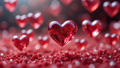 Sparkling Red Glass Heart Decorations for Romantic Valentine Day Background