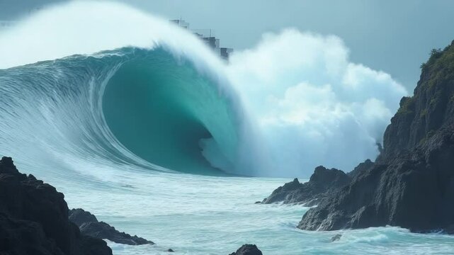 Gigantic tsunami wave flooding small Asian city Japan earthquake Indonesia natural disaster flood catastrophe hurricane storm town evacuation safety risk ocean water breaking barrier