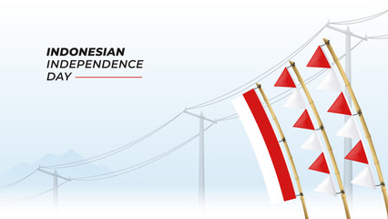 Indonesian Independence Day celebration vector with red and white flags on bamboo poles. Perfect for 17 August Indonesian national holiday theme.