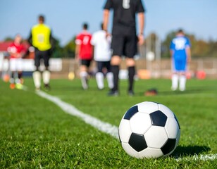 Obraz premium Soccer ball on the field, blurred players in the background. Perfect for sports, game, and competition themes.
