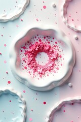 Abstract Pastel Pink and White Shapes with a Central Cluster of Small Cubes and Spheres