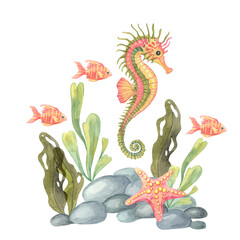 Orange seahorse with green fins, surrounded by fish, pebbles, and starfish, shown in watercolor. Aquatic life clipart , great for classroom decor, nursery designs, or kids marine collection sets