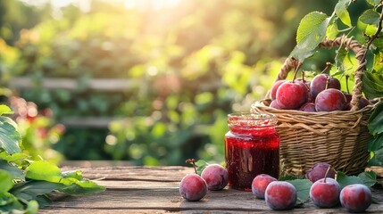 A rustic wooden table holds a jam jar and plums in a woven basket. Ideal for recipes, food blogs, or representing seasonal harvests.