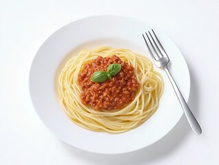Screengrab of a plate with spaghetti Bolognese on a white background, showcasing a delicious serving of pasta in a rich tomato sauce.  