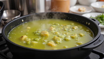 Simmering Finnish pea soup in modern kitchen, warmth and comfort