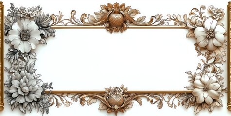 ornate vintage floral frame with detailed gold and black flowers and decorative foliage surrounding a blank white rectangular center