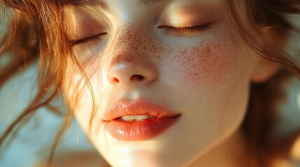 Close-up of a serene young woman with closed eyes, light freckles, soft warm lighting, and slightly parted glossy lips, conveying calm and peaceful emotion