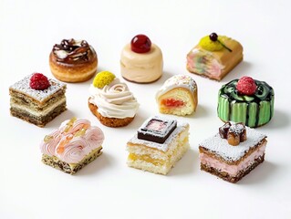 A variety of delicious cakes and pastries arranged on a white background, showcasing their unique textures and colors. 