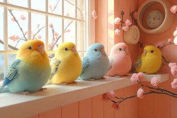 Group of birds sitting on window sill.
