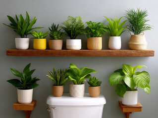 small bathrooms maximized with plants using narrow shelves, corner plant stands