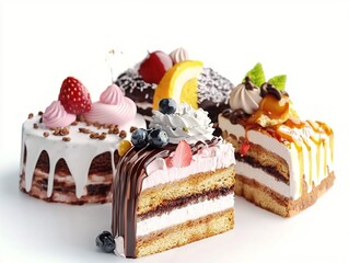 A variety of delicious cakes and pastries arranged on a white background, showcasing their unique textures and colors. 