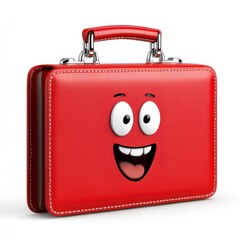 Joyful Red Leather Briefcase with Cartoon Face on White Background