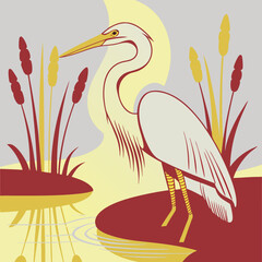 Fototapeta premium Elegant Great Egret wading in shallow water with a soft reflection, captured in a serene and detailed vector illustration.