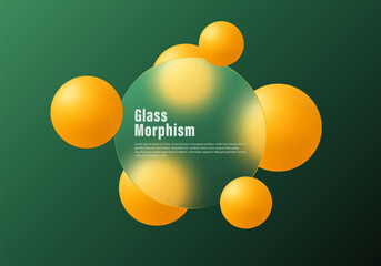 Circular glassmorphism panel with soft blur on green background and floating yellow spheres, modern vector UI design with depth.