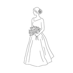 Bride vector illustration. Beautiful woman in wedding dress line art illustration. Wedding clipart on white background