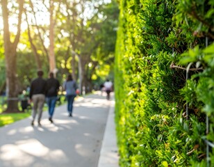 Fototapeta premium Lush green hedge beside a park path with blurred people walking. Tranquil summer scene.