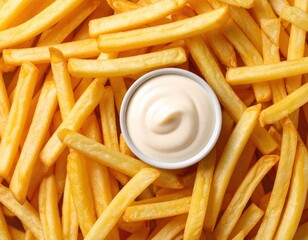 Flat Lay of French Fries with Dipping Sauce Generative AI