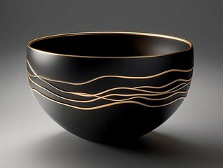Elegant black bowl with golden wave pattern on white background.
