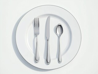 Realistic high-resolution photo of an empty plate with fork and knife placed neatly on the side, isolated on a clean white background for food or restaurant-themed design.