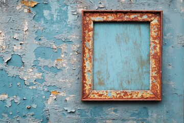 Blue paint peels around a rusty frame on weathered wood paneling. This background adds texture for creative designs or aged presentations.