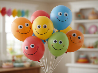 a party scene with multicolored balloons displaying various expressions
