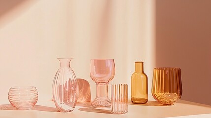 Elegant glassware collection with pink and orange hues on off-white surface.  