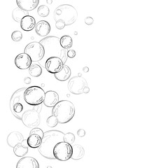 Blue water bubbles of different sizes and tones in a chaotic order. Watercolor illustration drawn by hand. Seamless border vertical, pattern, endlessly repeating ornament, on a white background