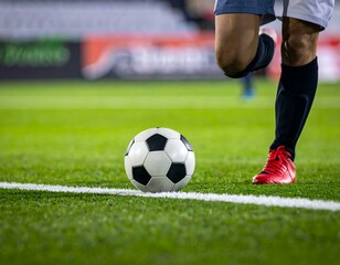 Fototapeta premium Close-up of a soccer ball on a green field with a player's foot and red shoe in the background, signifying sports action and competition.