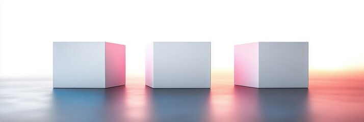 Fototapeta premium Three white cubes arranged in a row on a smooth reflective surface with soft pastel lighting and a gradient background creating a calm, minimalistic atmosphere