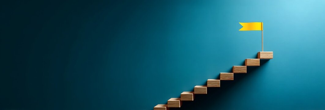 Wooden blocks stairs leading to a yellow flag symbolize success achievement progress and growth on teal background