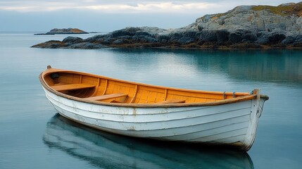Fototapeta premium Tranquil wooden rowboat resting on tranquil water.