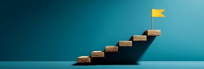 Wooden Steps Leading to Success Goal Yellow Flag Achievement Progress Concept