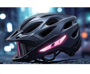 Futuristic black bike helmet with integrated pink lights and visor resting on a textured surface with blurred city lights background