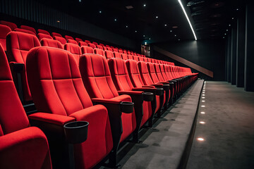 Naklejka premium row of red seats in theather or cinema, dark room background