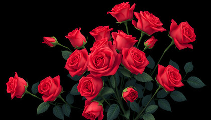 Obraz premium A stunning bouquet of a million vibrant crimson roses elegantly isolated against a sleek black backdrop. Romantic greeting card adorned with lush, velvety roses., pixel art. with white shades